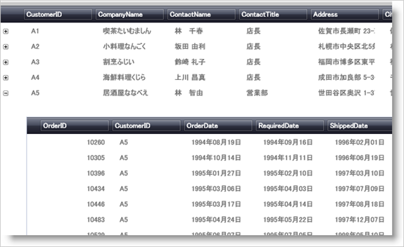 階層 xamDataGrid の実例